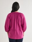 Studio Curve Linen Blend 3/4 Sleeve Pleat Front Blouse, Magenta product photo View 02 S