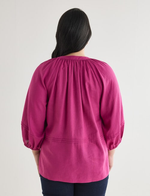 Studio Curve Linen Blend 3/4 Sleeve Pleat Front Blouse, Magenta product photo View 02 L