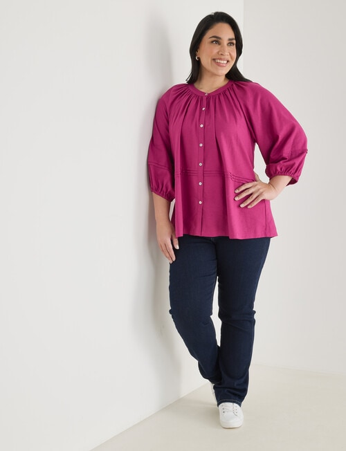 Studio Curve Linen Blend 3/4 Sleeve Pleat Front Blouse, Magenta product photo View 03 L