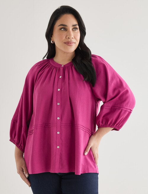Studio Curve Linen Blend 3/4 Sleeve Pleat Front Blouse, Magenta product photo View 05 L