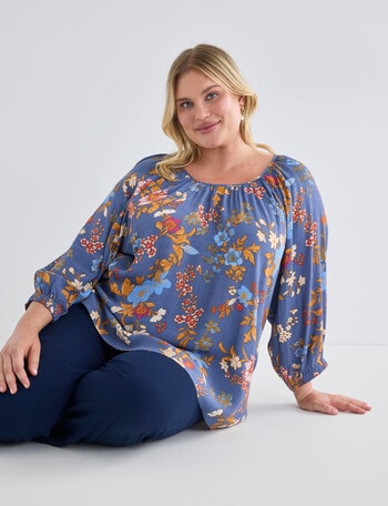 Studio Curve 3/4 Sleeve Gather Neck Printed Top, Spring Garden product photo