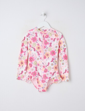 Wavetribe Floral Unicorn Long Sleeve Rashsuit, Light Pink product photo