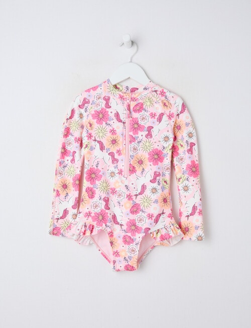 Wavetribe Floral Unicorn Long Sleeve Rashsuit, Light Pink product photo
