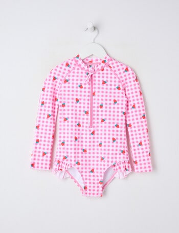 Wavetribe Strawberry Gingham Long Sleeve Rashsuit, Pink product photo