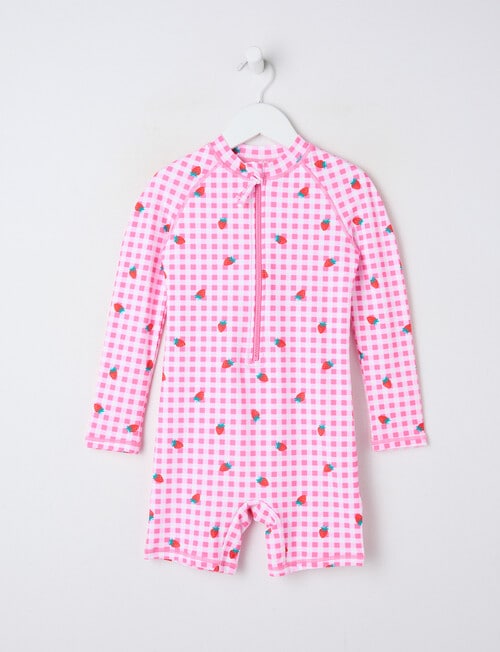 Wavetribe Strawberry Gingham Long Sleeve Sunsuit, Pink product photo