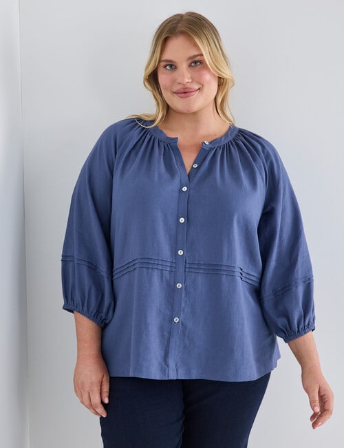Studio Curve Linen Blend 3/4 SLV Pleat Front Blouse, Denim product photo