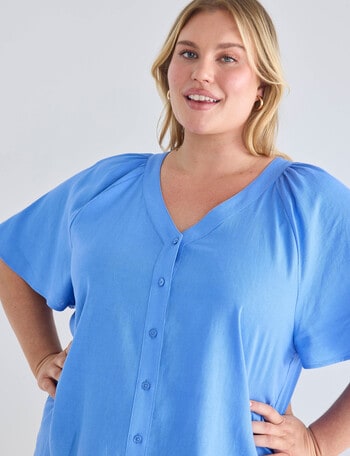 Studio Curve Linen Gather V-Neck Blouse, Marina product photo