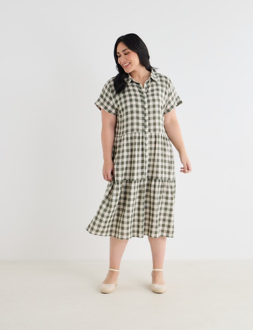 Studio Curve Linen Blend Print Shirt Dress, Foliage & Whitecap Gingham product photo View 03 L