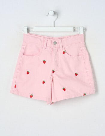 Mac & Ellie Embroidered Strawberries Denim Short, Light Pink product photo