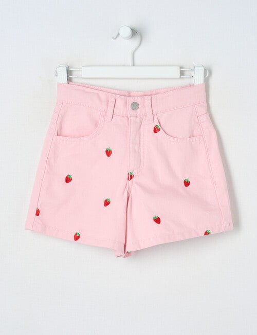 Mac & Ellie Embroidered Strawberries Denim Short, Light Pink product photo