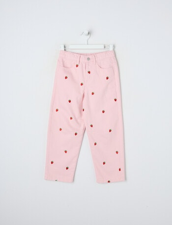 Mac & Ellie Embroidered Strawberries Barrel Jean, Light Pink product photo