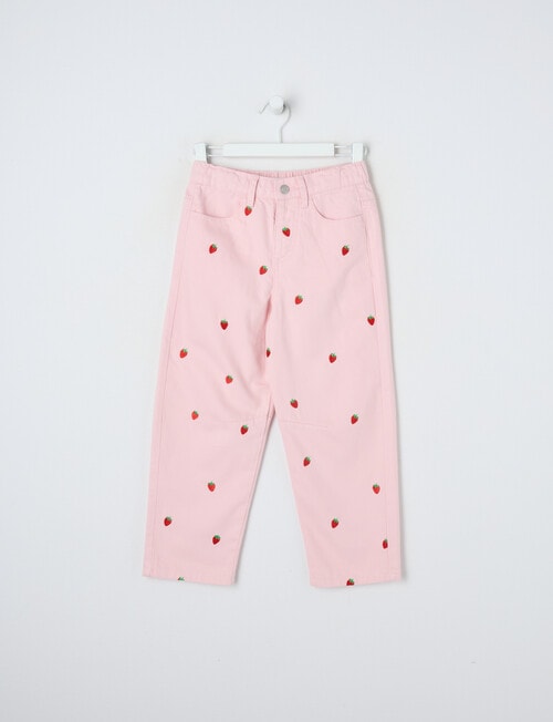 Mac & Ellie Embroidered Strawberries Barrel Jean, Light Pink product photo