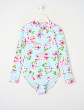 Wavetribe Tropical Floral Long Sleeve Rashsuit, Light Blue product photo