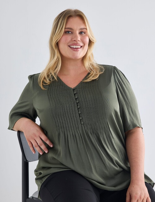 Studio Curve Fluted Sleeve Pintuck Button Front Top, Foliage product photo