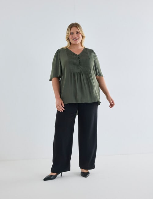 Studio Curve Fluted Sleeve Pintuck Button Front Top, Foliage product photo View 03 L