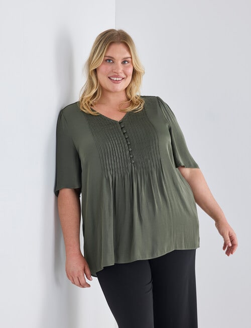 Studio Curve Fluted Sleeve Pintuck Button Front Top, Foliage product photo View 06 L