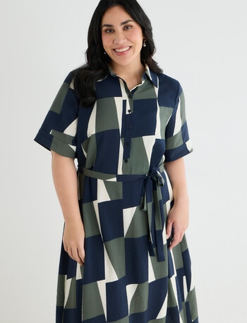 Studio Curve Short Sleeve Shirt Dress, Bright Navy & Foliage Print product photo