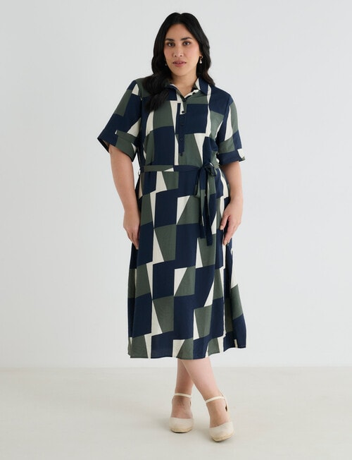 Studio Curve Short Sleeve Shirt Dress, Bright Navy & Foliage Print product photo View 03 L