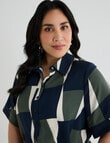 Studio Curve Short Sleeve Shirt Dress, Bright Navy & Foliage Print product photo View 05 S