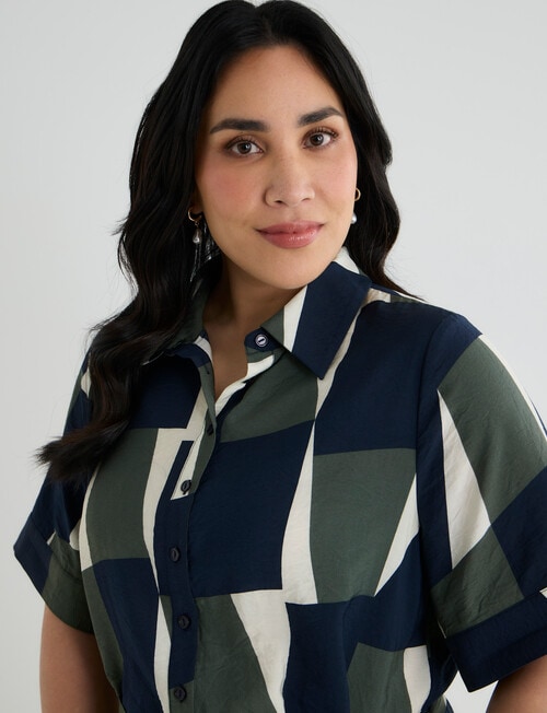Studio Curve Short Sleeve Shirt Dress, Bright Navy & Foliage Print product photo View 05 L