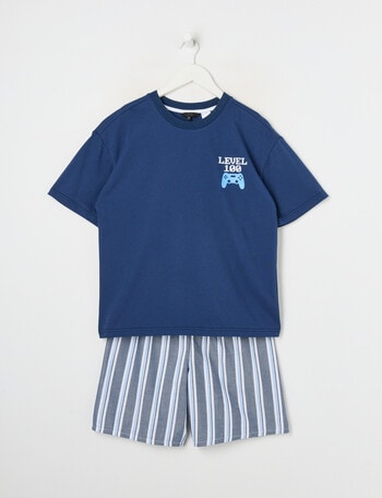 Sleep Squad Controller Stripe Knit Woven PJ Set, Classic Navy, 8-16 product photo