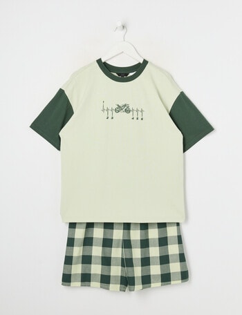 Sleep Squad Motorbike Check Knit Woven PJ Set, Calming Green, 8-16 product photo