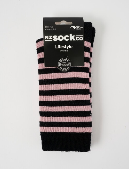 NZ Sock Co. Merino Cushion Crew Sock, Black & Pink Stripe product photo View 02 L