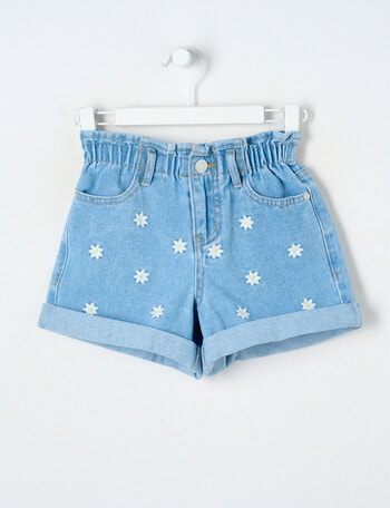Mac & Ellie Embroidered Daisy Paperbag Waist Short, Light Blue product photo