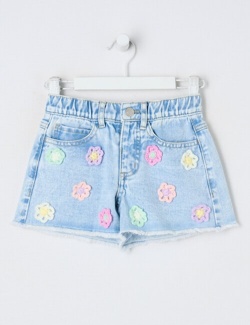 Mac & Ellie Denim Crochet Daisies Short, Light Blue product photo