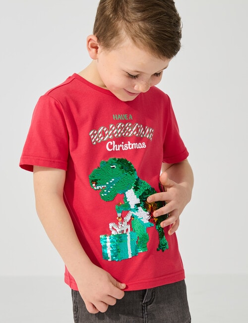 Mac & Ellie Christmas Dino Flip Sequin Short Sleeve Tee, Cherry product photo