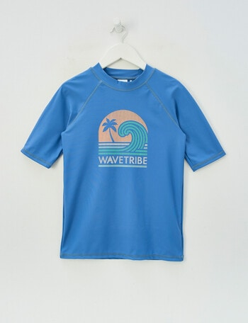 Wavetribe Wave Print Short Sleeve Rash Top, Blue product photo