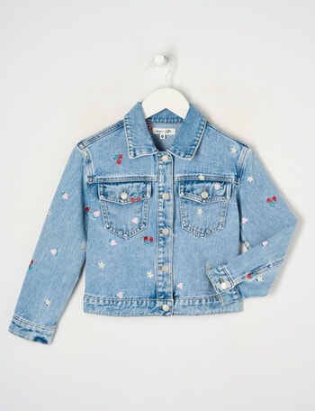Mac & Ellie Embroidered Fruit Boxy Denim Jacket, Washed Blue product photo