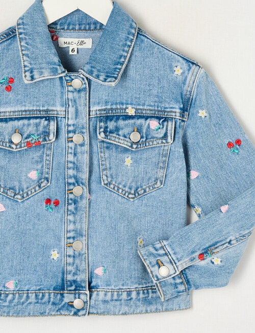Mac & Ellie Embroidered Fruit Boxy Denim Jacket, Washed Blue product photo View 02 L