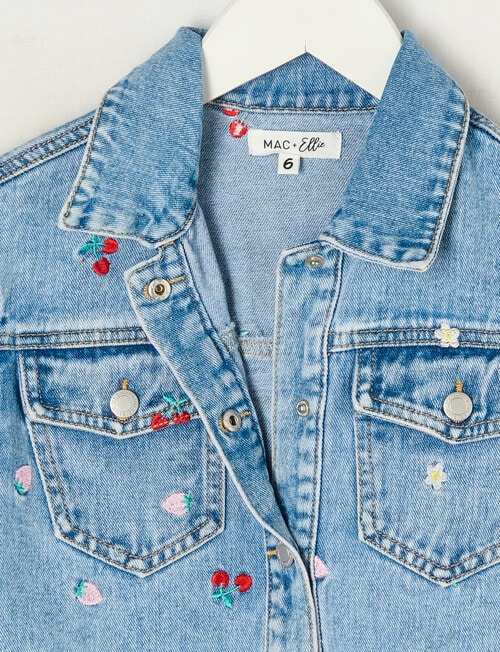 Mac & Ellie Embroidered Fruit Boxy Denim Jacket, Washed Blue product photo View 03 L