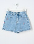 Mac & Ellie Embroidered Fruit Relaxed Denim Short, Washed Blue product photo