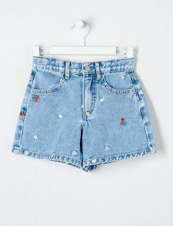 Mac & Ellie Embroidered Fruit Relaxed Denim Short, Washed Blue product photo
