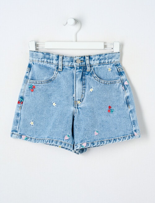 Mac & Ellie Embroidered Fruit Relaxed Denim Short, Washed Blue product photo