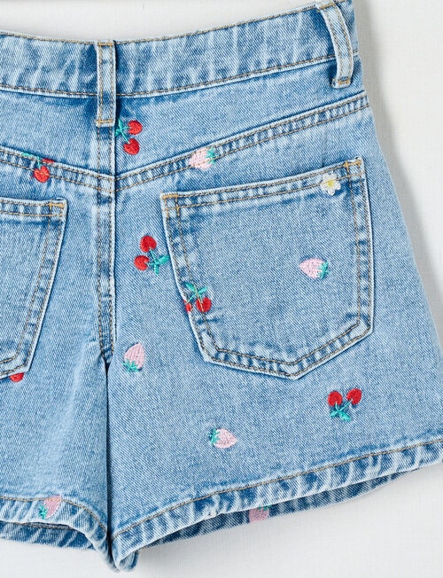 Mac & Ellie Embroidered Fruit Relaxed Denim Short, Washed Blue product photo View 02 L