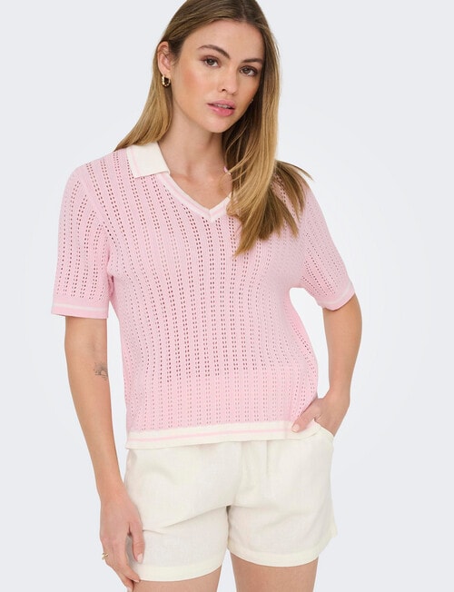 ONLY Sporti Short Sleeve Polo Knit Top, Pink & White product photo