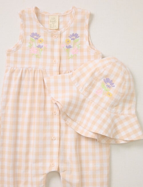Little Bundle Girls Pretty Flower All in One & Hat, 2-Piece, Pink Check product photo View 02 L
