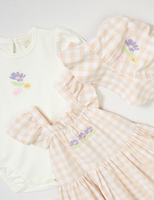 Little Bundle Girls Pretty Flower Woven Dress Set, 4-Piece, Pink Check product photo View 02 L