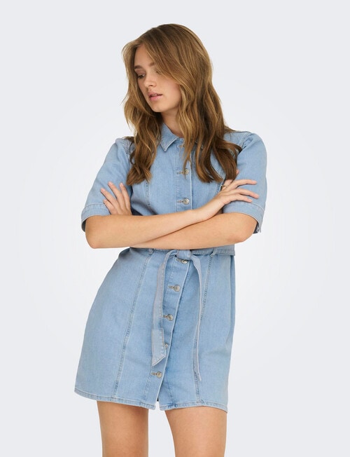 ONLY Vibbe Short Sleeve Belt Denim Dress, Light Blue product photo View 03 L
