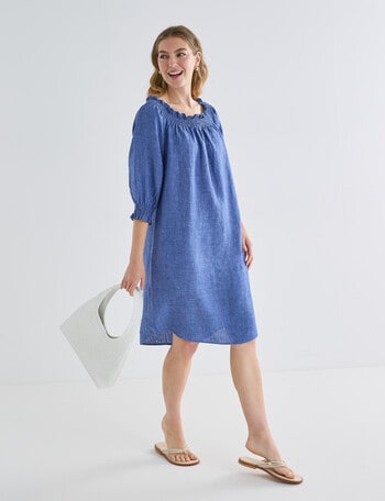 Zest Linen Shirred Dress, Mid Blue product photo