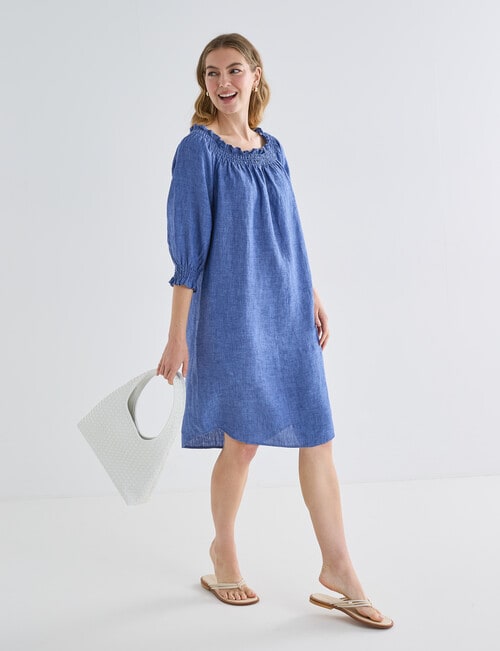 Zest Linen Shirred Dress, Mid Blue product photo