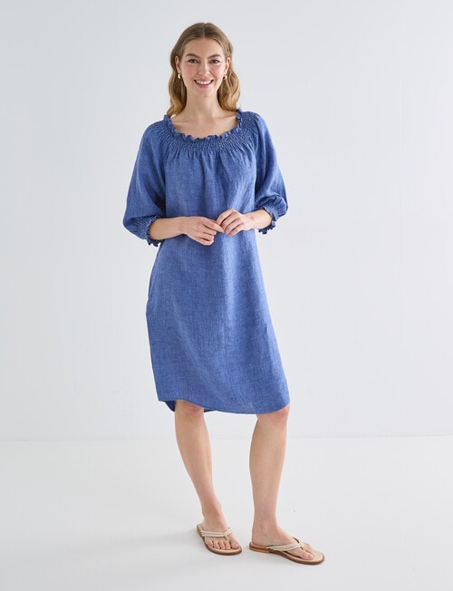 Zest Linen Shirred Dress, Mid Blue product photo View 03 L