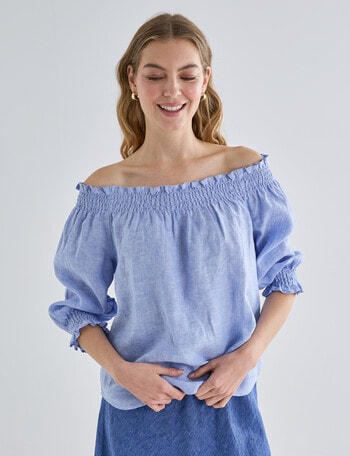 Zest Linen Shirred Peasant Top, Light Blue product photo