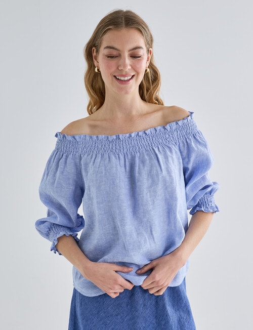 Zest Linen Shirred Peasant Top, Light Blue product photo