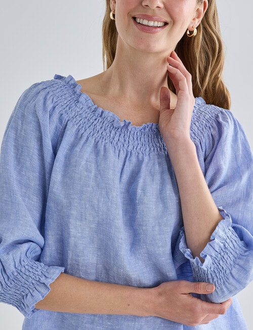 Zest Linen Shirred Peasant Top, Light Blue product photo View 05 L