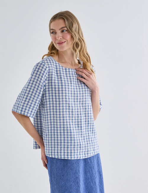 Zest Linen Short Sleeve Top, Blue Check product photo