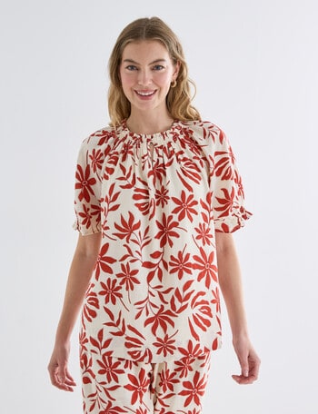 Zest Linen Blend Shirred Neck Top, Brick Floral product photo